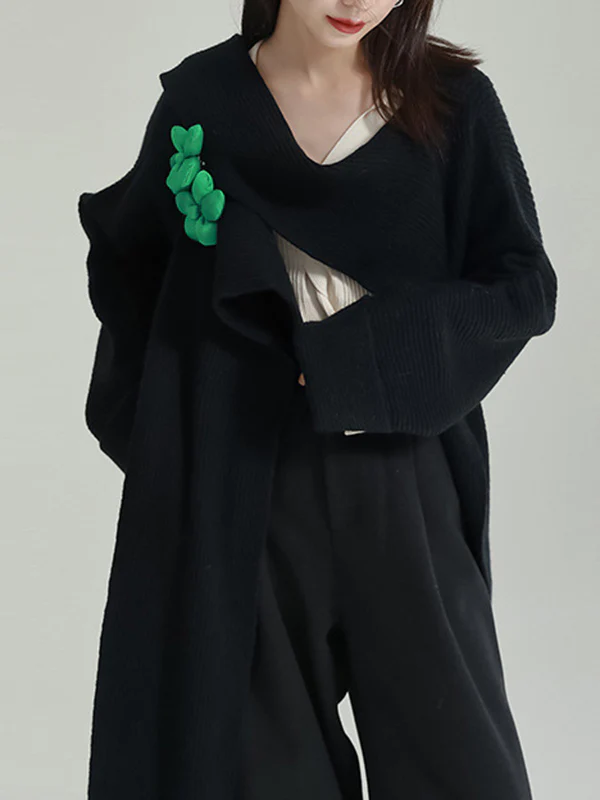 High-Low Long Sleeves Asymmetric Three-Dimensional Flower Round-Neck Cardigan Tops - Image 6