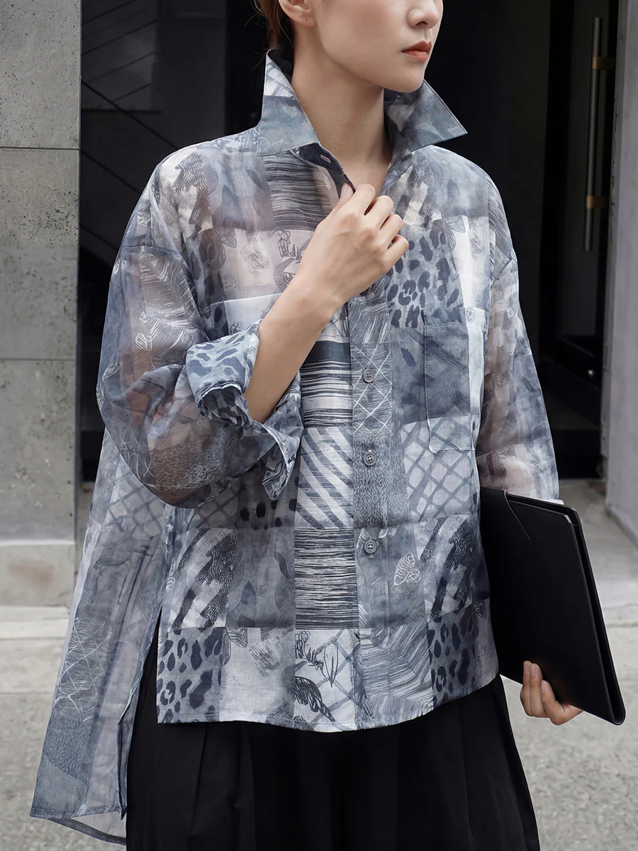 High-Low Long Sleeves Buttoned Contrast Color Printed See-Through Split-Joint Lapel Blouses&Shirts Tops - Image 2