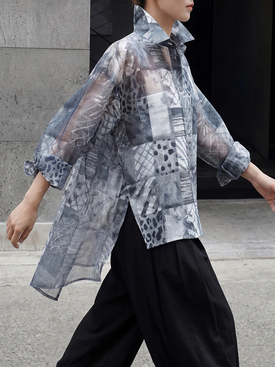 High-Low Long Sleeves Buttoned Contrast Color Printed See-Through Split-Joint Lapel Blouses&Shirts Tops - Image 3