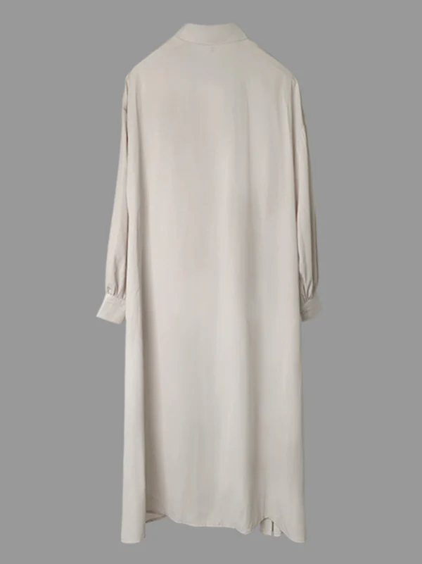 High-Low Long Sleeves Buttoned Drawstring Pleated Pockets Solid Color Lapel Midi Dresses - Image 3