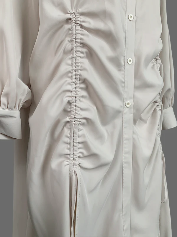 High-Low Long Sleeves Buttoned Drawstring Pleated Pockets Solid Color Lapel Midi Dresses - Image 4