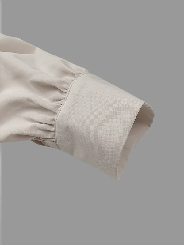 High-Low Long Sleeves Buttoned Drawstring Pleated Pockets Solid Color Lapel Midi Dresses - Image 6