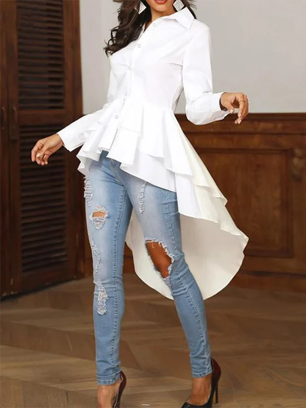 High-Low Long Sleeves Buttoned Falbala Solid Color Lapel Collar Blouses&Shirts Tops - Image 3