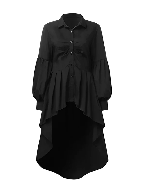 High-Low Long Sleeves Buttoned Falbala Solid Color Lapel Collar Blouses&Shirts Tops - Image 4