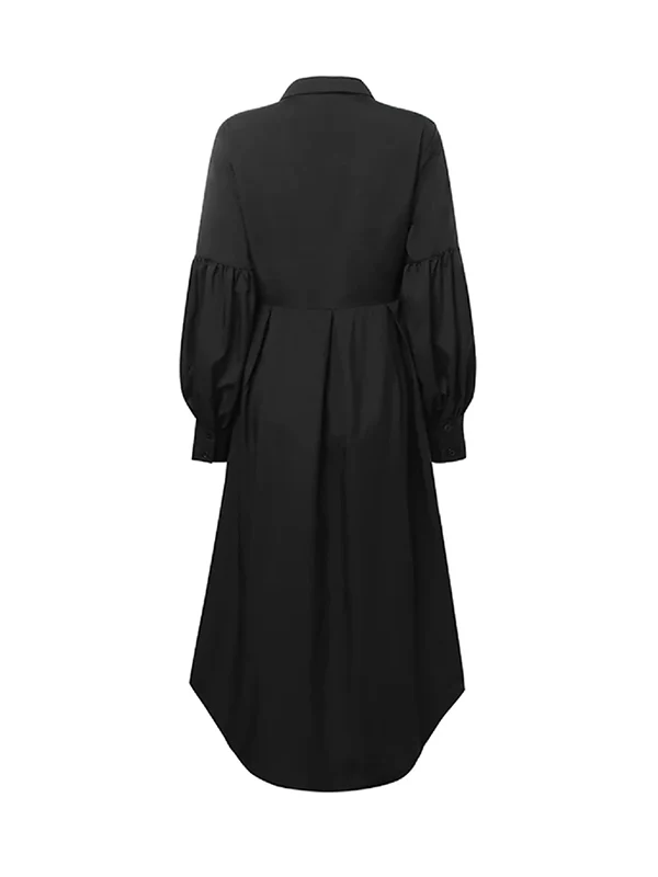 High-Low Long Sleeves Buttoned Falbala Solid Color Lapel Collar Blouses&Shirts Tops - Image 5