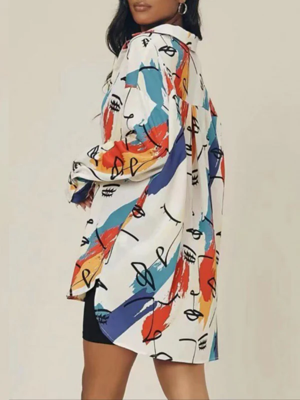High-Low Long Sleeves Buttoned Figure Printed Split-Side Lapel Blouses&Shirts Tops - Image 2