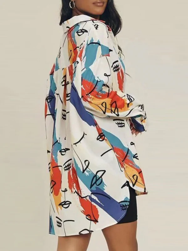 High-Low Long Sleeves Buttoned Figure Printed Split-Side Lapel Blouses&Shirts Tops - Image 3