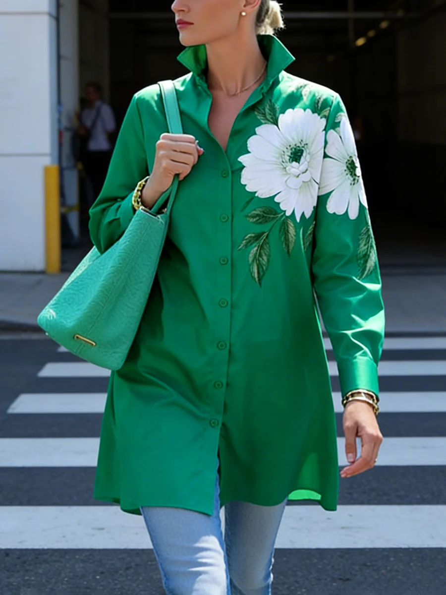 High-Low Long Sleeves Buttoned Flower Print Lapel Blouses&Shirts Tops - Image 3