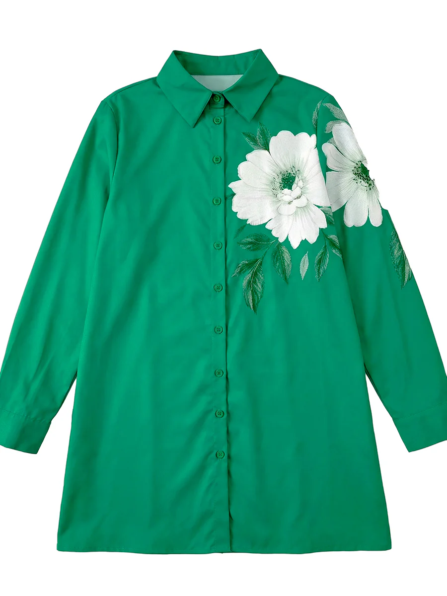 High-Low Long Sleeves Buttoned Flower Print Lapel Blouses&Shirts Tops - Image 7