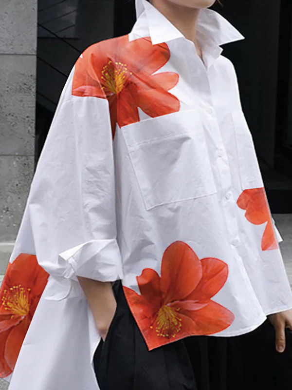 High-Low Long Sleeves Buttoned Flower Print Pockets Split-Side Stand Collar Blouses&Shirts Tops - Image 2
