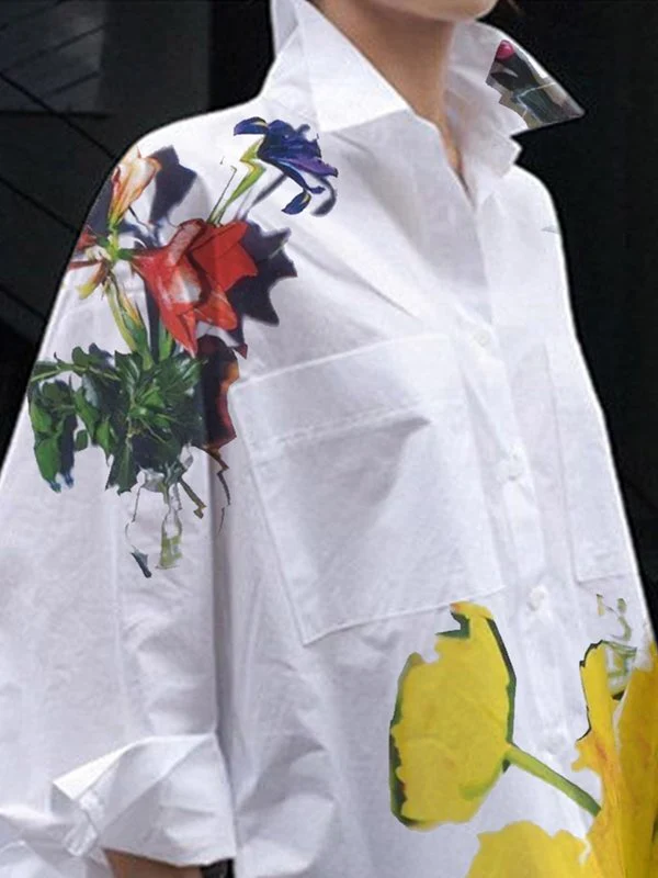 High-Low Long Sleeves Buttoned Flower Print Pockets Split-Side Stand Collar Blouses&Shirts Tops - Image 2