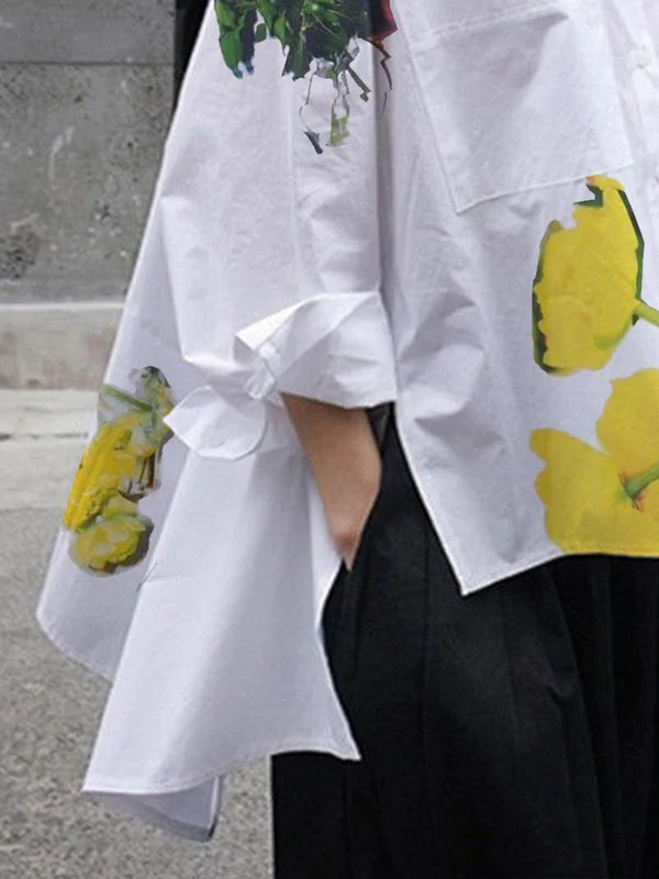 High-Low Long Sleeves Buttoned Flower Print Pockets Split-Side Stand Collar Blouses&Shirts Tops - Image 3