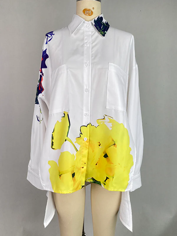 High-Low Long Sleeves Buttoned Flower Print Pockets Split-Side Stand Collar Blouses&Shirts Tops - Image 4