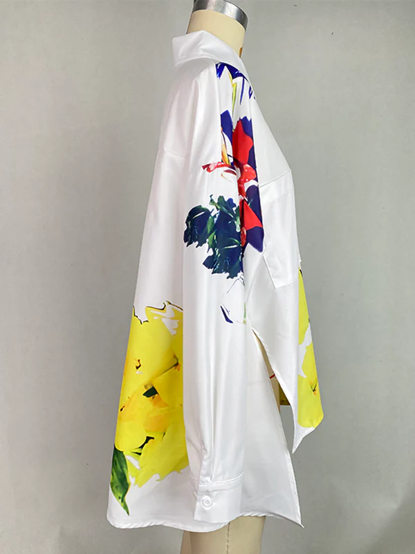High-Low Long Sleeves Buttoned Flower Print Pockets Split-Side Stand Collar Blouses&Shirts Tops - Image 5