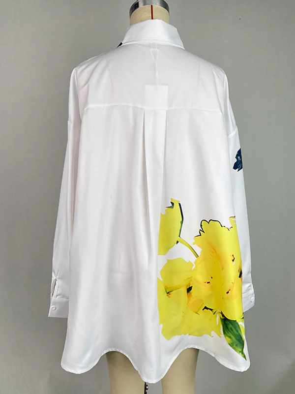 High-Low Long Sleeves Buttoned Flower Print Pockets Split-Side Stand Collar Blouses&Shirts Tops - Image 6