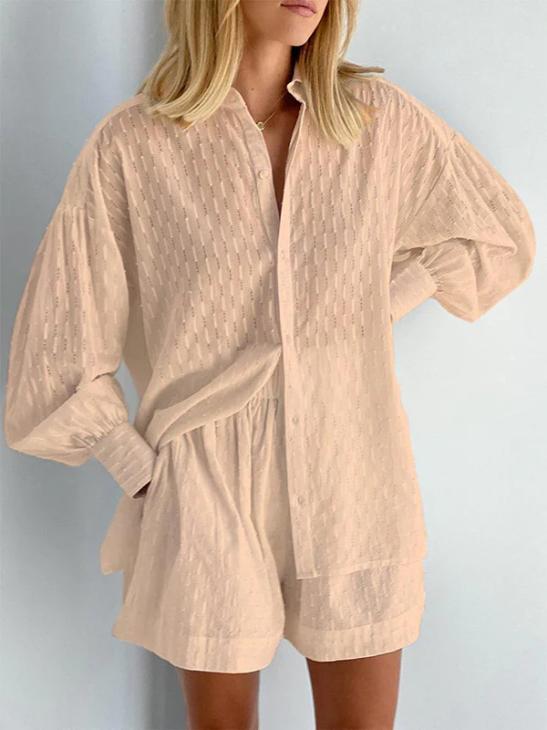 High-Low Long Sleeves Buttoned Jacquard Solid Color Lapel Shirts Top +Shorts Bottom Two Pieces Set - Image 10
