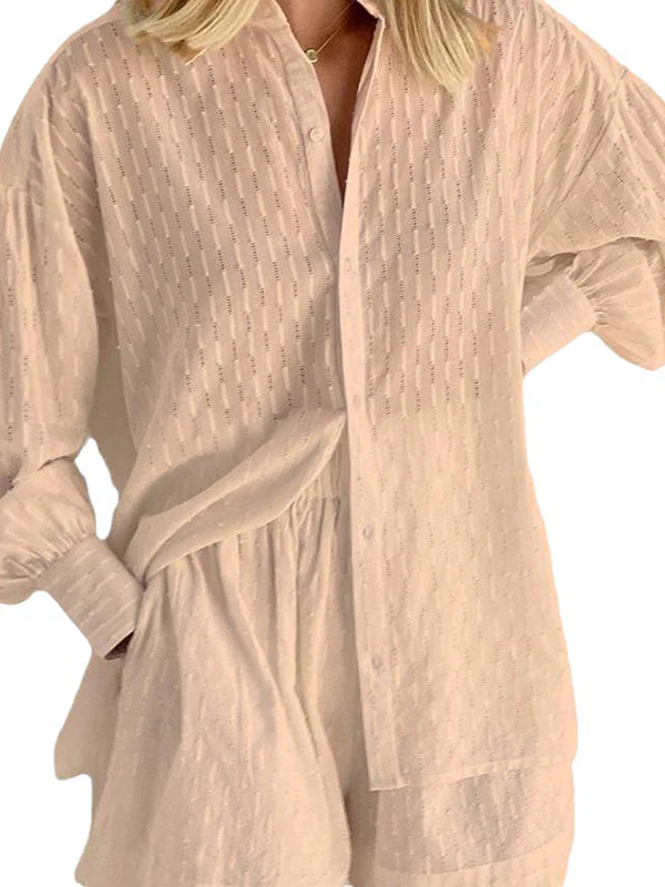 High-Low Long Sleeves Buttoned Jacquard Solid Color Lapel Shirts Top +Shorts Bottom Two Pieces Set - Image 11