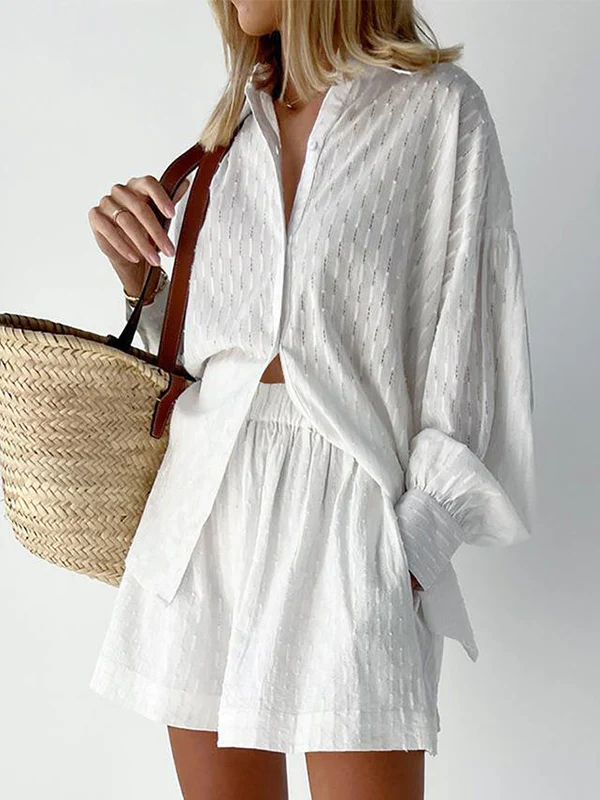 High-Low Long Sleeves Buttoned Jacquard Solid Color Lapel Shirts Top +Shorts Bottom Two Pieces Set - Image 2