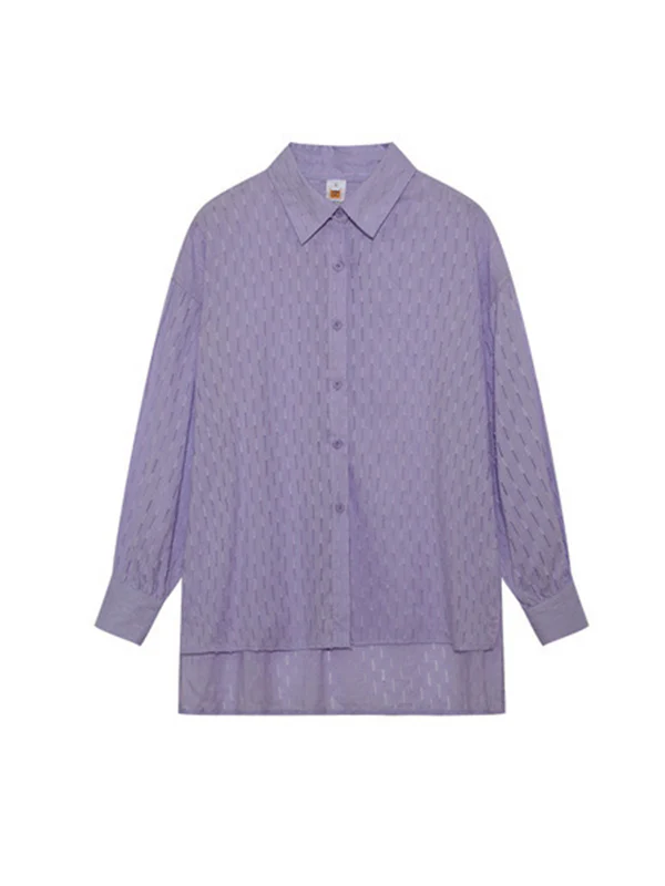 High-Low Long Sleeves Buttoned Jacquard Solid Color Lapel Shirts Top +Shorts Bottom Two Pieces Set - Image 24