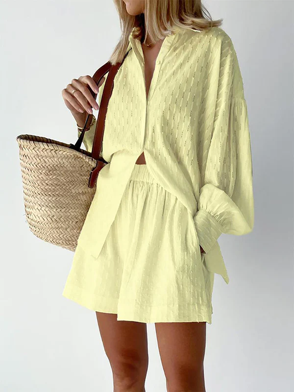 High-Low Long Sleeves Buttoned Jacquard Solid Color Lapel Shirts Top +Shorts Bottom Two Pieces Set - Image 4