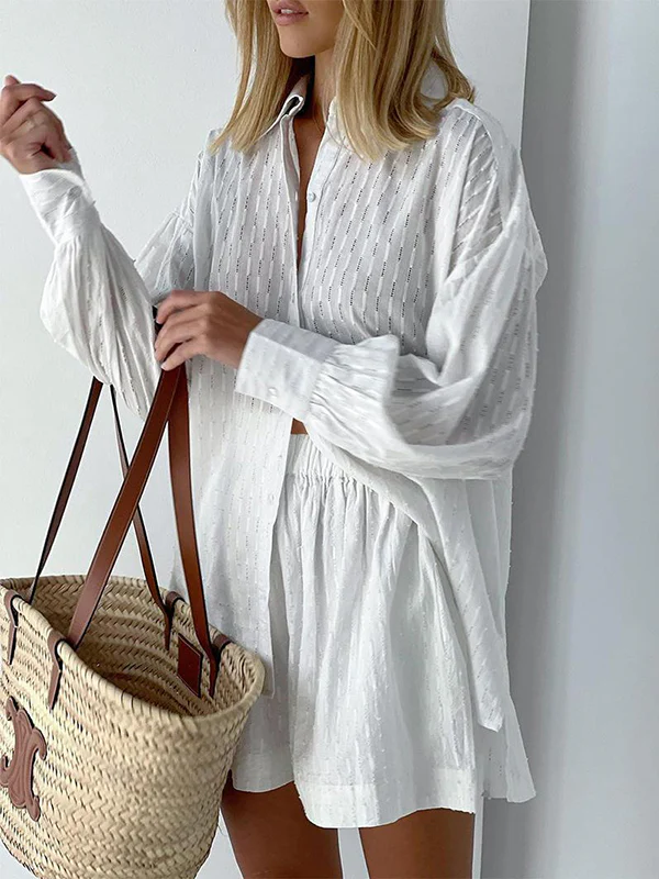 High-Low Long Sleeves Buttoned Jacquard Solid Color Lapel Shirts Top +Shorts Bottom Two Pieces Set - Image 5