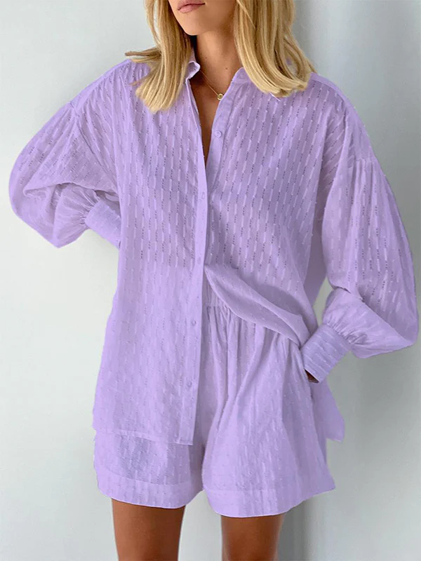 High-Low Long Sleeves Buttoned Jacquard Solid Color Lapel Shirts Top +Shorts Bottom Two Pieces Set - Image 7