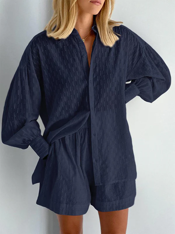 High-Low Long Sleeves Buttoned Jacquard Solid Color Lapel Shirts Top +Shorts Bottom Two Pieces Set - Image 8