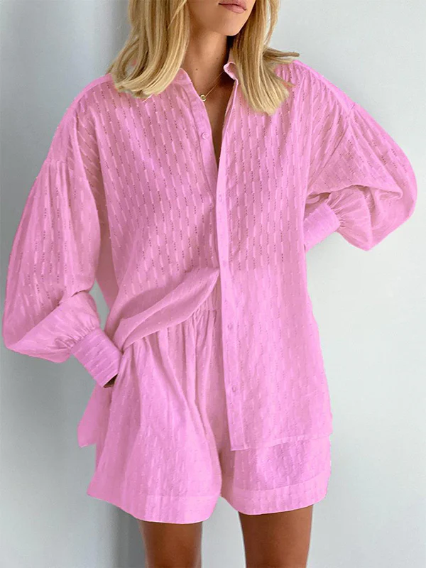 High-Low Long Sleeves Buttoned Jacquard Solid Color Lapel Shirts Top +Shorts Bottom Two Pieces Set - Image 9