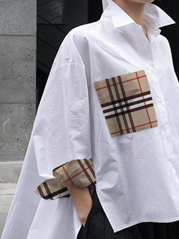 High-Low Long Sleeves Buttoned Plaid Pockets Split-Joint Split-Side Lapel Blouses&Shirts Tops - Image 2