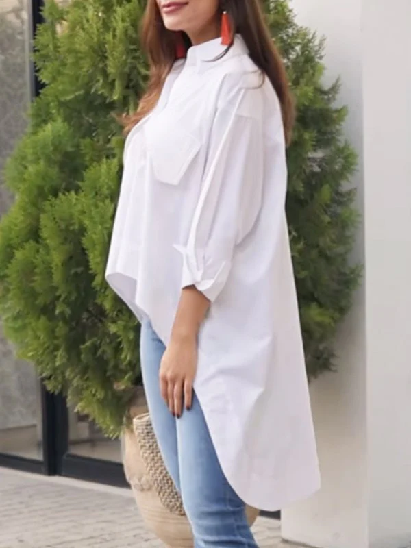 High-Low Long Sleeves Buttoned Pockets Solid Color Split-Joint Lapel Blouses&Shirts Tops - Image 2