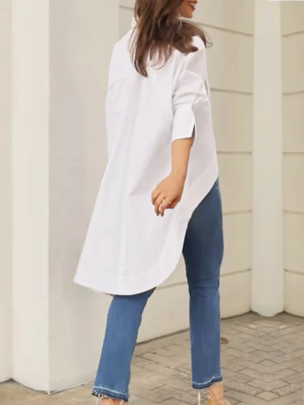 High-Low Long Sleeves Buttoned Pockets Solid Color Split-Joint Lapel Blouses&Shirts Tops - Image 3