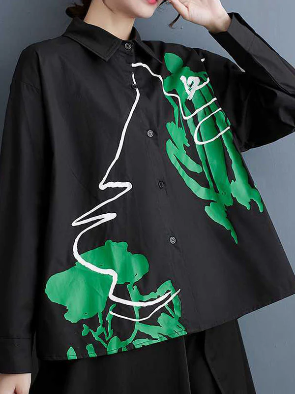 High-Low Long Sleeves Buttoned Printed Lapel Blouses&Shirts Tops - Image 2