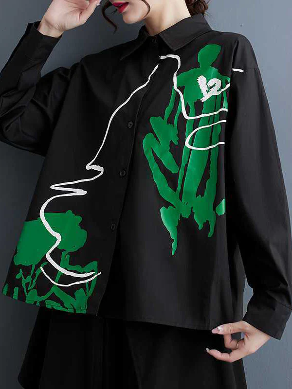 High-Low Long Sleeves Buttoned Printed Lapel Blouses&Shirts Tops - Image 3