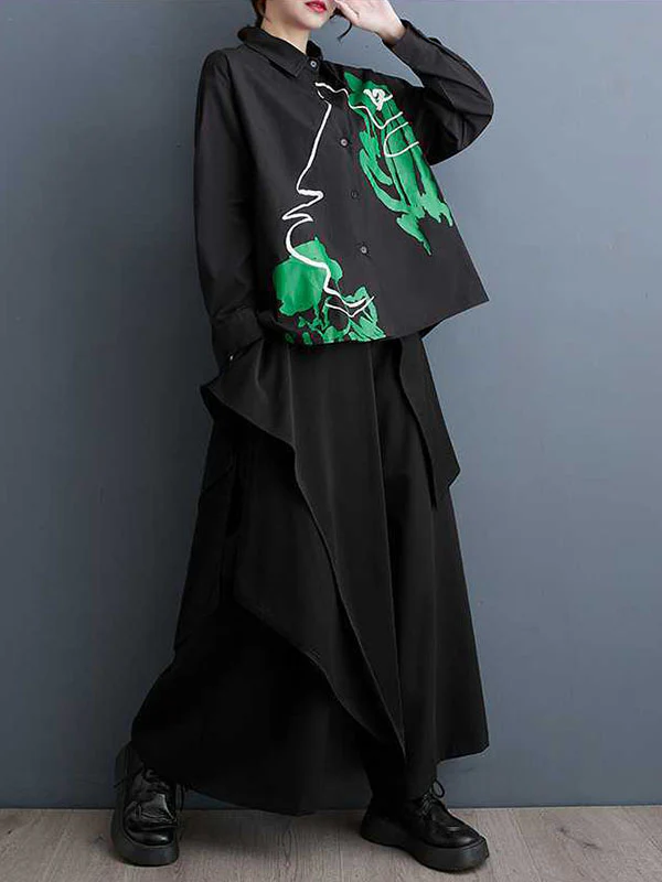 High-Low Long Sleeves Buttoned Printed Lapel Blouses&Shirts Tops - Image 4
