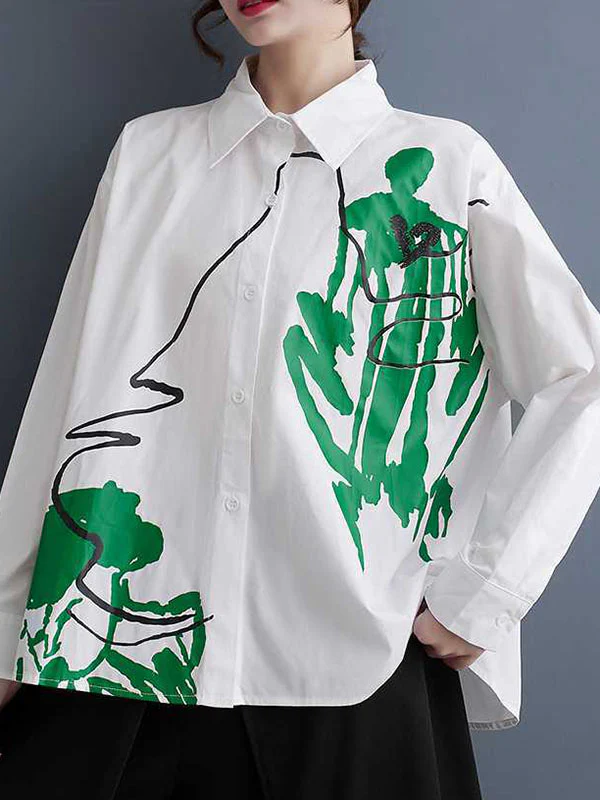 High-Low Long Sleeves Buttoned Printed Lapel Blouses&Shirts Tops - Image 6