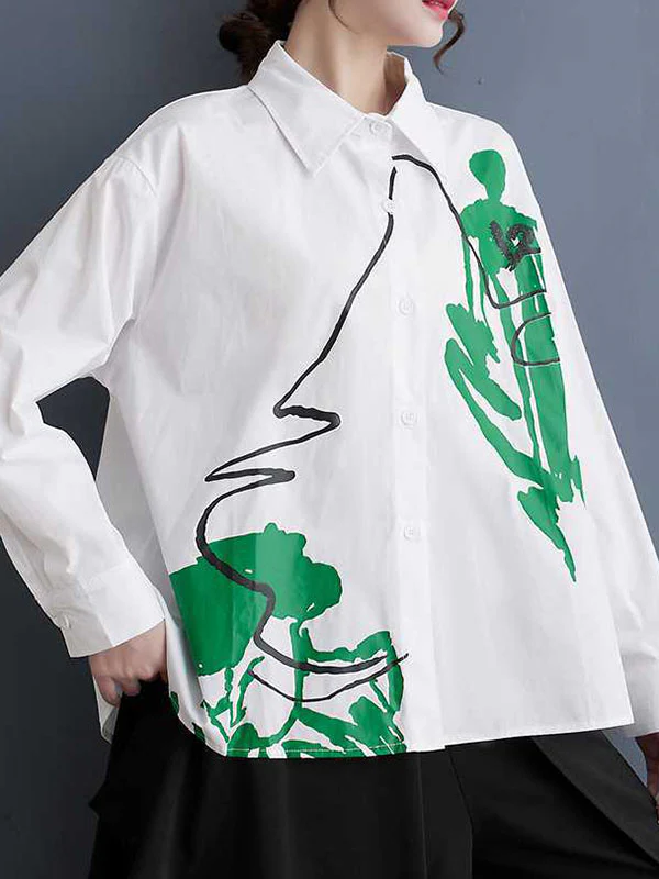 High-Low Long Sleeves Buttoned Printed Lapel Blouses&Shirts Tops - Image 7