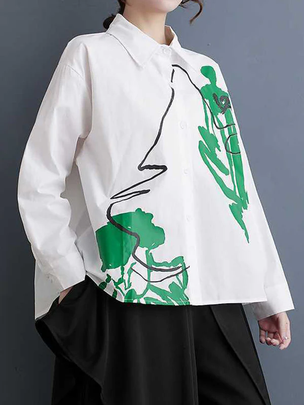 High-Low Long Sleeves Buttoned Printed Lapel Blouses&Shirts Tops - Image 8