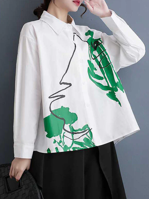 High-Low Long Sleeves Buttoned Printed Lapel Blouses&Shirts Tops - Image 9