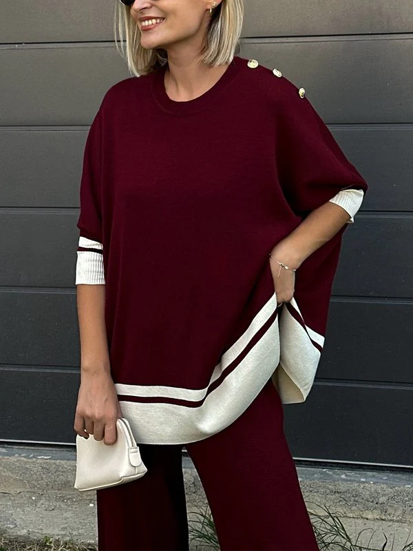 High-Low Long Sleeves Buttoned Split-Side Round-Neck Pullovers Sweater Tops - Image 3