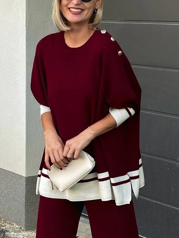 High-Low Long Sleeves Buttoned Split-Side Round-Neck Pullovers Sweater Tops - Image 4