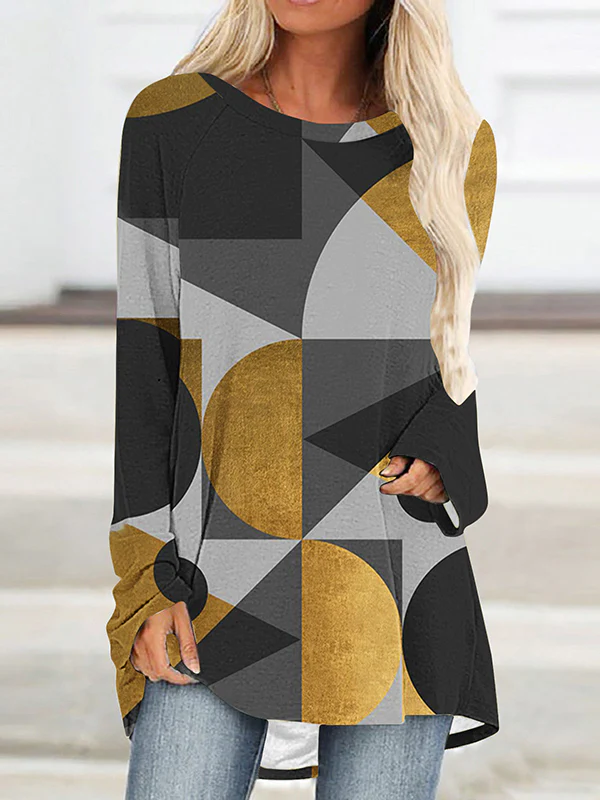 High-Low Long Sleeves Contrast Color Printed Round-Neck T-Shirts Tops - Image 2