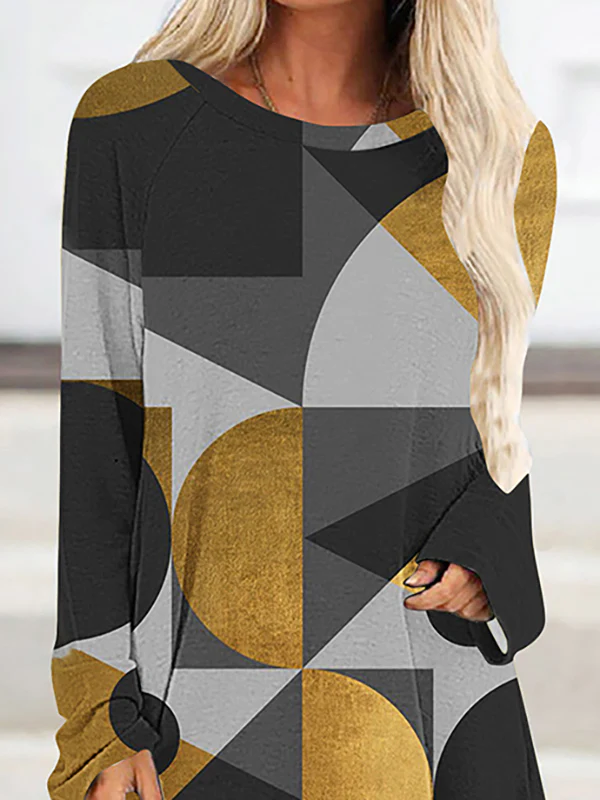 High-Low Long Sleeves Contrast Color Printed Round-Neck T-Shirts Tops - Image 3