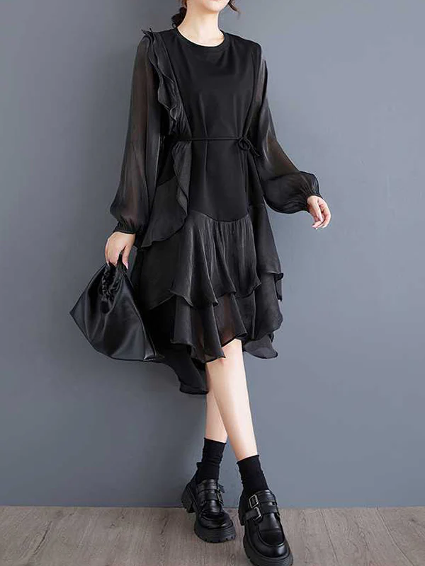 High-Low Long Sleeves Contrast Color Ruffle Trim Split-Joint Round-Neck Midi Dresses - Image 10