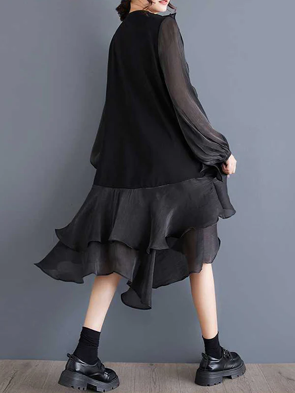 High-Low Long Sleeves Contrast Color Ruffle Trim Split-Joint Round-Neck Midi Dresses - Image 11