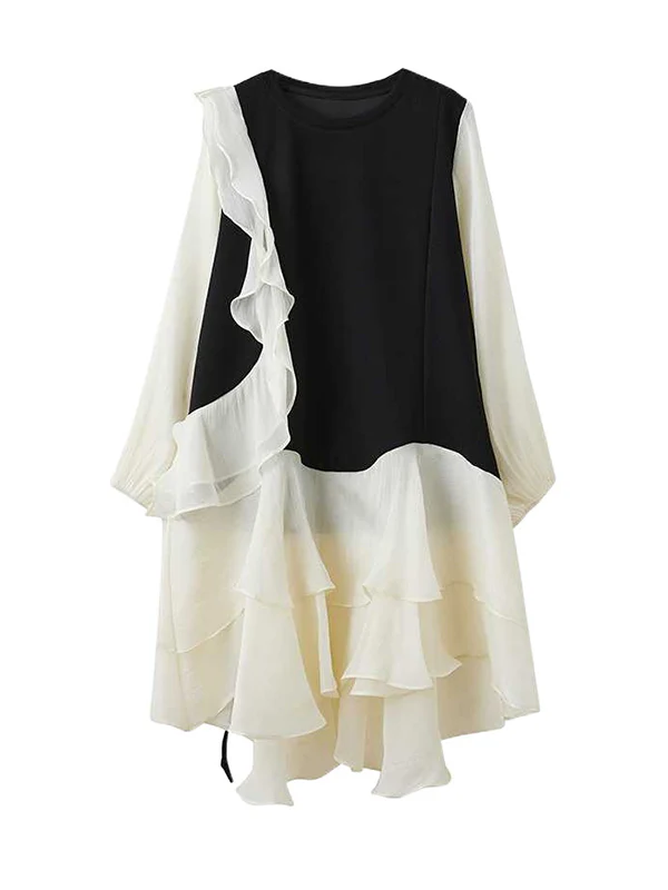 High-Low Long Sleeves Contrast Color Ruffle Trim Split-Joint Round-Neck Midi Dresses - Image 12