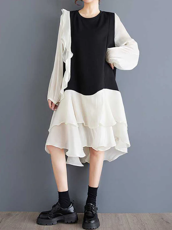 High-Low Long Sleeves Contrast Color Ruffle Trim Split-Joint Round-Neck Midi Dresses - Image 2