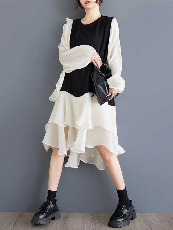 High-Low Long Sleeves Contrast Color Ruffle Trim Split-Joint Round-Neck Midi Dresses - Image 3