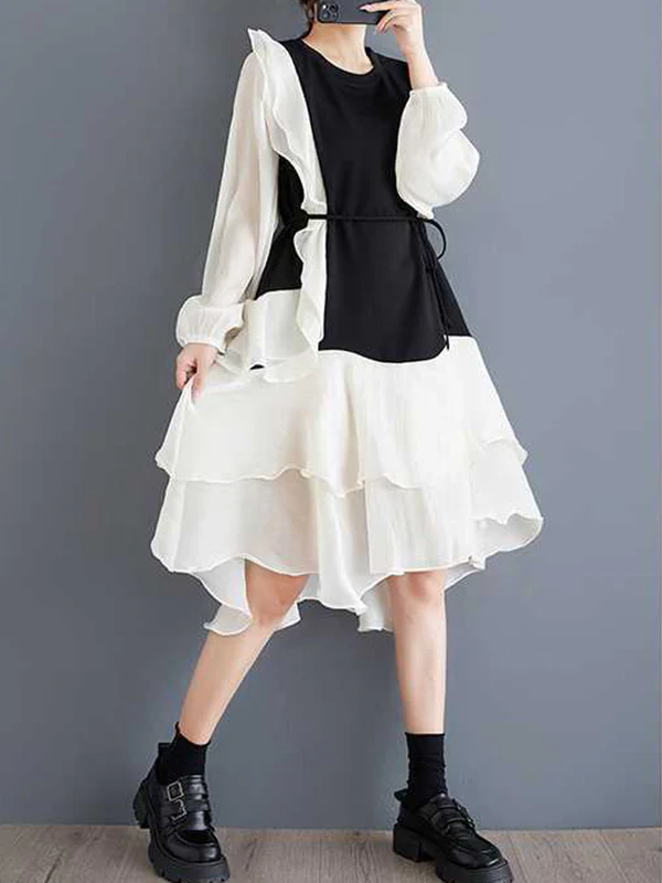 High-Low Long Sleeves Contrast Color Ruffle Trim Split-Joint Round-Neck Midi Dresses - Image 4