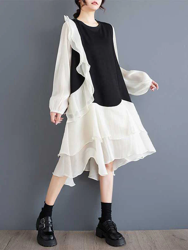 High-Low Long Sleeves Contrast Color Ruffle Trim Split-Joint Round-Neck Midi Dresses - Image 5