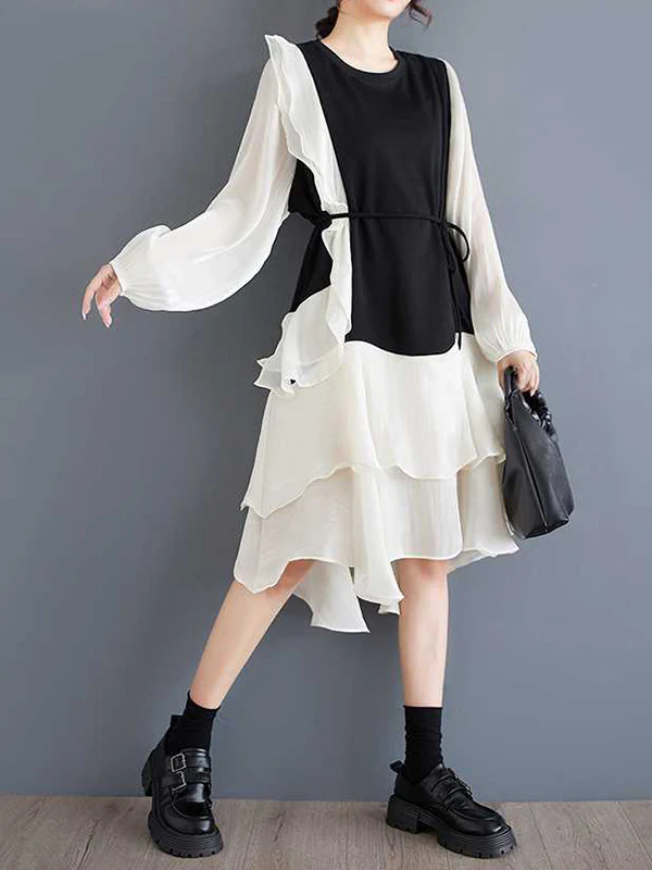 High-Low Long Sleeves Contrast Color Ruffle Trim Split-Joint Round-Neck Midi Dresses - Image 6